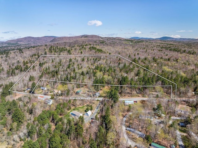 birds eye view of property featuring a wooded view and a mountain view