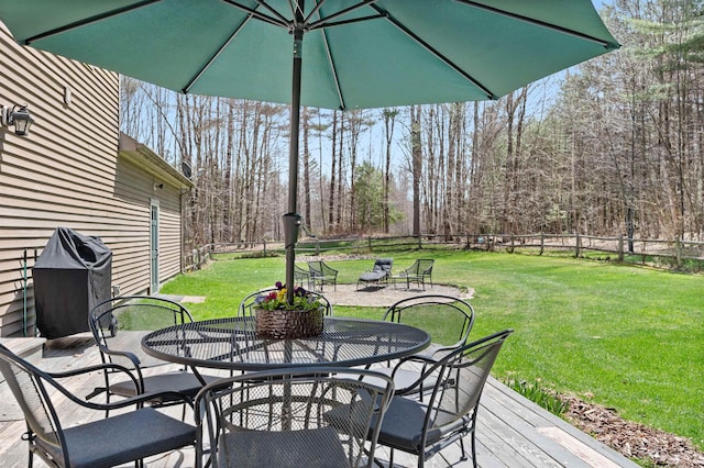 view of patio with a fenced backyard, a wooden deck, and outdoor dining space