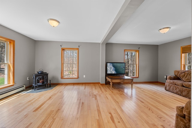 living area featuring baseboards, a wood stove, and hardwood / wood-style floors