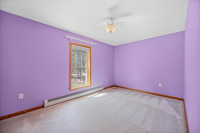 carpeted empty room with a ceiling fan, baseboards, and baseboard heating