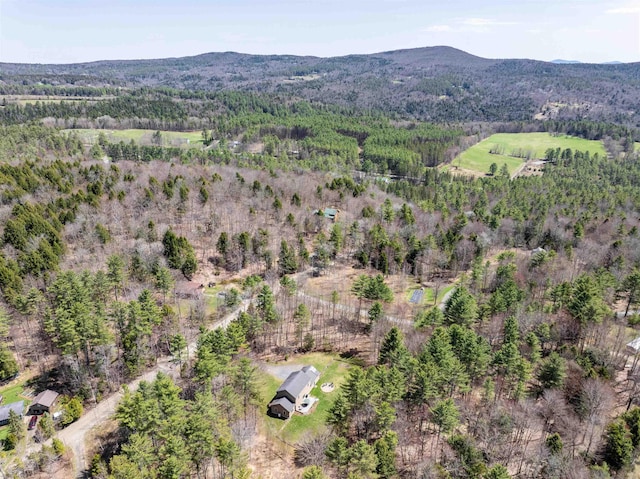 drone / aerial view featuring a mountain view and a forest view