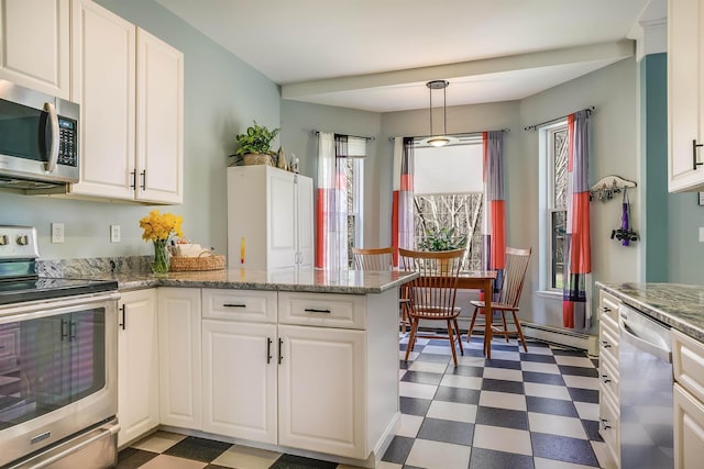 kitchen with white cabinets, a baseboard radiator, a peninsula, dark floors, and stainless steel appliances