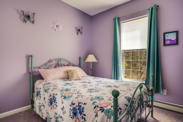 bedroom featuring baseboards, baseboard heating, and carpet flooring