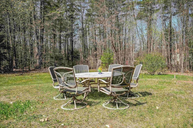 view of yard featuring a forest view