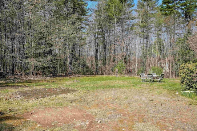 view of yard featuring a forest view