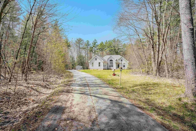 view of street featuring a wooded view and aphalt driveway