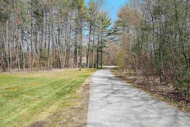 view of street featuring aphalt driveway and a wooded view