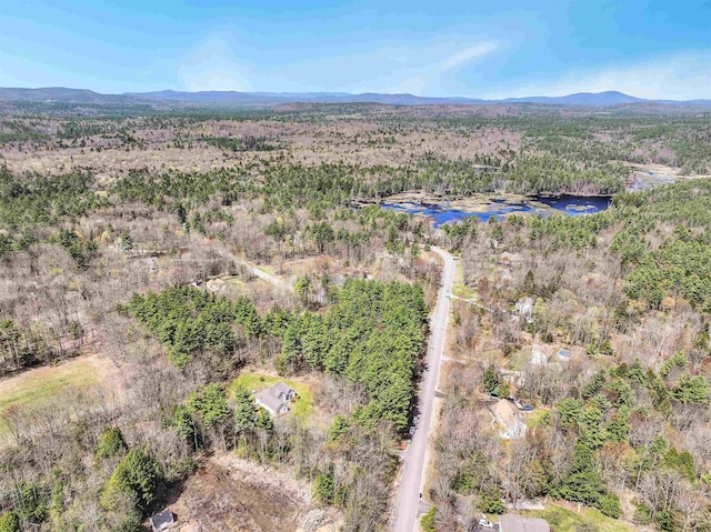 birds eye view of property with a water and mountain view and a forest view