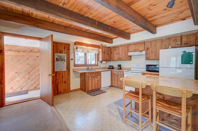 kitchen with a sink, white appliances, light countertops, under cabinet range hood, and wood ceiling