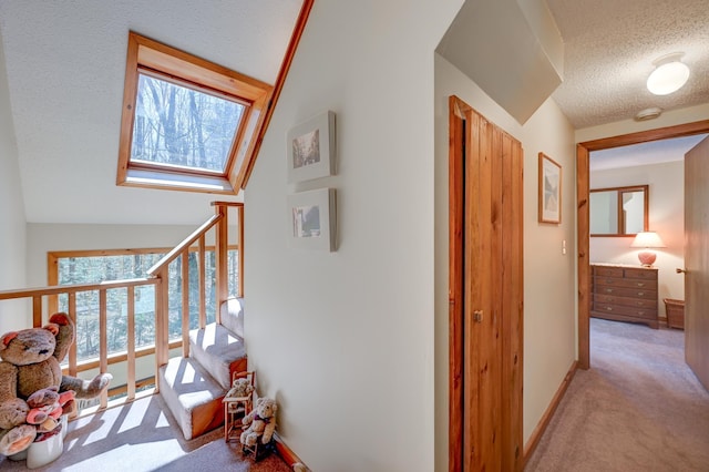 hall featuring plenty of natural light, a textured ceiling, carpet, and baseboards