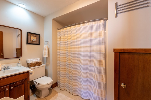 full bathroom with vanity, tile patterned floors, a shower with curtain, and toilet