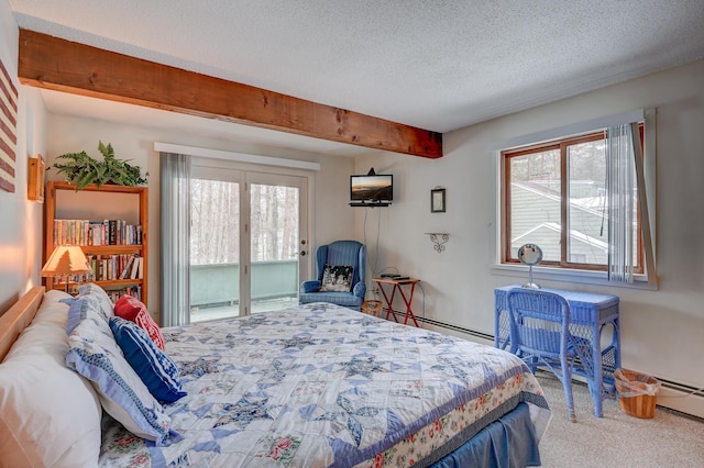 4D Seasons At Attitash Rd Unit D, Bartlett, NH 03812 - carpeted bedroom with multiple windows, access to exterior, a baseboard radiator, a textured ceiling, and beamed ceiling