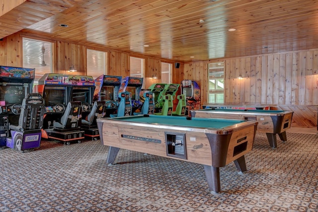 4D Seasons At Attitash Rd Unit D, Bartlett, NH 03812 - playroom with pool table, wood walls, carpet, and wood ceiling