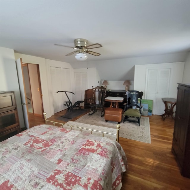 bedroom with a ceiling fan and wood finished floors