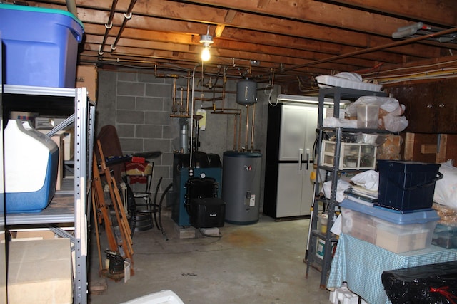 unfinished basement with a heating unit and water heater