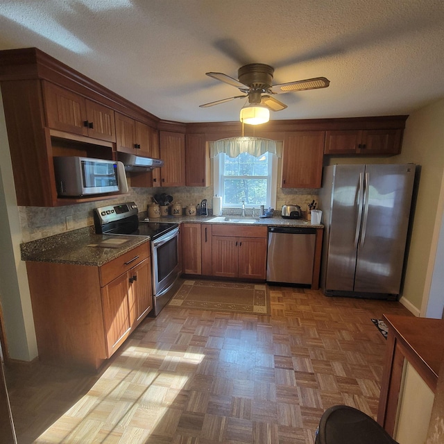 kitchen with ceiling fan, appliances with stainless steel finishes, a sink, backsplash, and under cabinet range hood