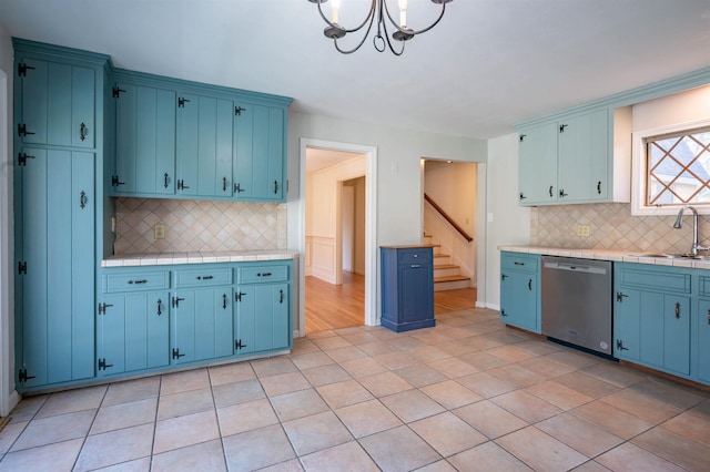 kitchen featuring a sink, stainless steel dishwasher, backsplash, and blue cabinets