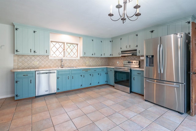kitchen with a sink, stainless steel appliances, blue cabinetry, and under cabinet range hood