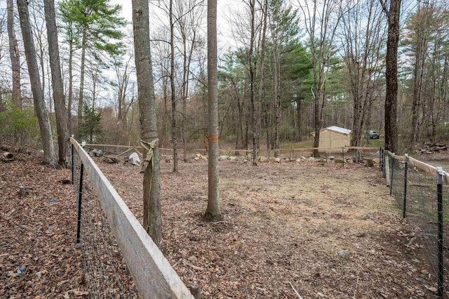 view of yard with a storage unit, fence, and an outbuilding