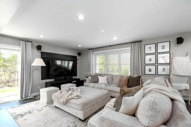 living room featuring recessed lighting and wood finished floors