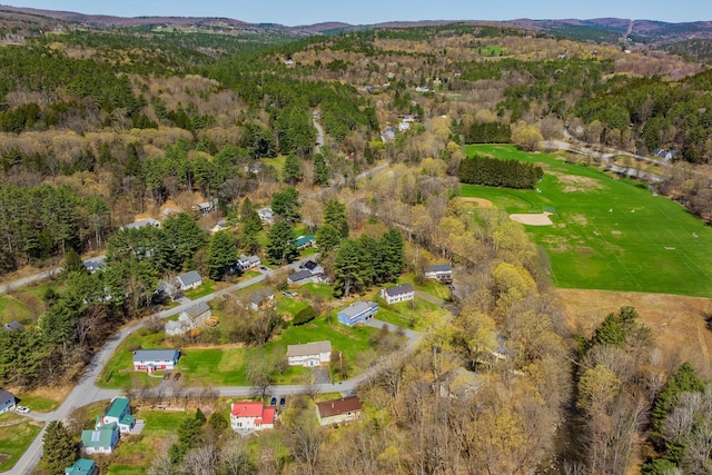 aerial view featuring a mountain view and a wooded view