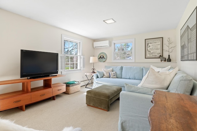 carpeted living area with a baseboard heating unit and a wall mounted air conditioner
