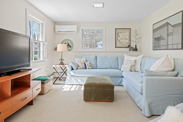 carpeted living room with a wall mounted air conditioner