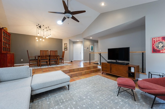 3 Augusta National # 145, Bedford, NH 03110 - living area featuring tile patterned flooring, baseboards, ceiling fan with notable chandelier, lofted ceiling, and recessed lighting