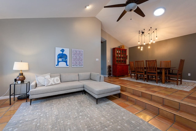 3 Augusta National # 145, Bedford, NH 03110 - tiled living area featuring baseboards, a ceiling fan, and vaulted ceiling
