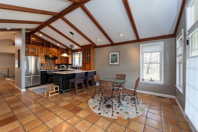 3 Augusta National # 145, Bedford, NH 03110 - dining area with visible vents, baseboards, vaulted ceiling with beams, recessed lighting, and light tile patterned flooring