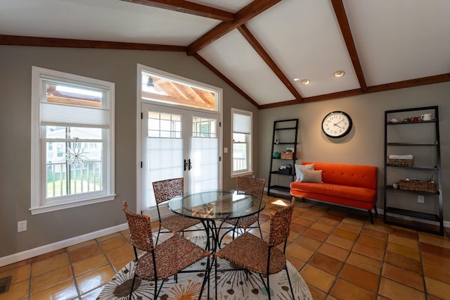 3 Augusta National # 145, Bedford, NH 03110 - dining area with light tile patterned floors, baseboards, vaulted ceiling with beams, and recessed lighting