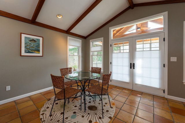 3 Augusta National # 145, Bedford, NH 03110 - dining space featuring light tile patterned floors, baseboards, lofted ceiling with beams, and french doors