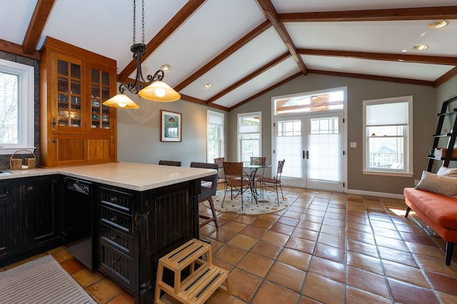 3 Augusta National # 145, Bedford, NH 03110 - kitchen featuring light tile patterned flooring, glass insert cabinets, vaulted ceiling with beams, dark cabinets, and dishwasher