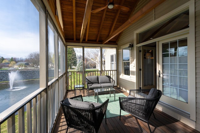 3 Augusta National # 145, Bedford, NH 03110 - sunroom with a ceiling fan, beamed ceiling, outdoor lounge area, and a water view