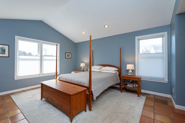 3 Augusta National # 145, Bedford, NH 03110 - bedroom featuring light tile patterned floors, baseboards, recessed lighting, and lofted ceiling