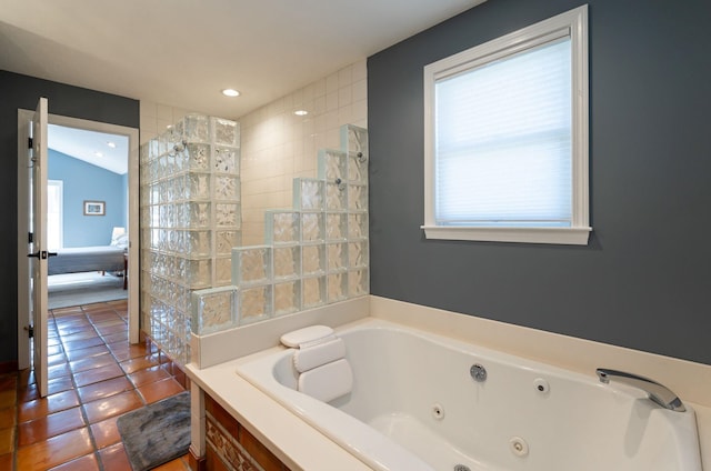 3 Augusta National # 145, Bedford, NH 03110 - bathroom featuring a jetted tub, a walk in shower, tile patterned flooring, and recessed lighting