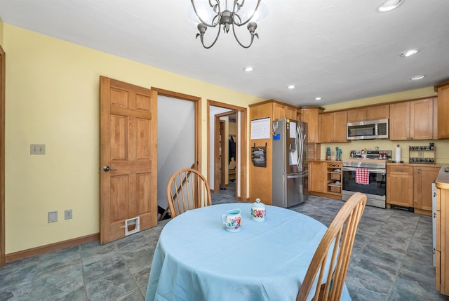 dining area with baseboards, visible vents, recessed lighting, and a notable chandelier