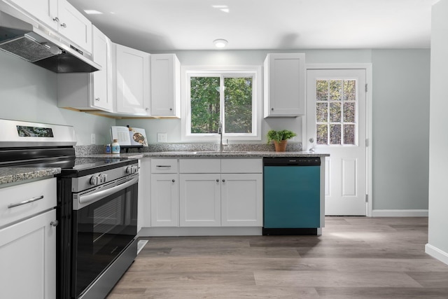 kitchen featuring stainless steel range with electric cooktop, a sink, dishwashing machine, under cabinet range hood, and white cabinetry