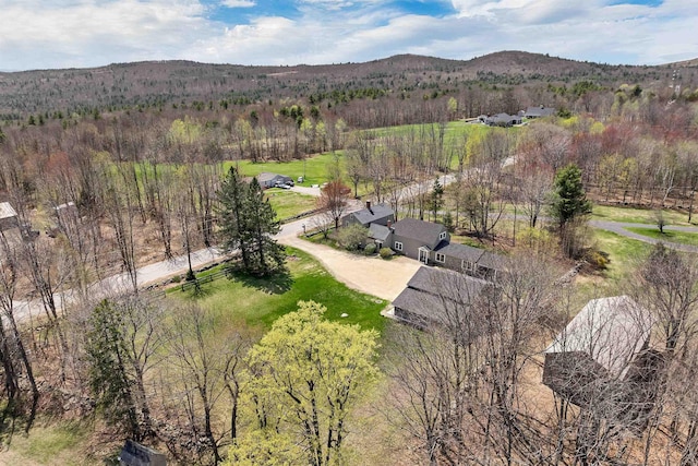 bird's eye view featuring a forest view and a mountain view