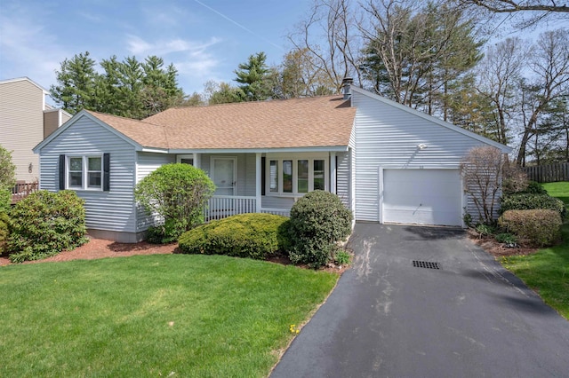 ranch-style home featuring a garage, aphalt driveway, covered porch, a front yard, and a shingled roof