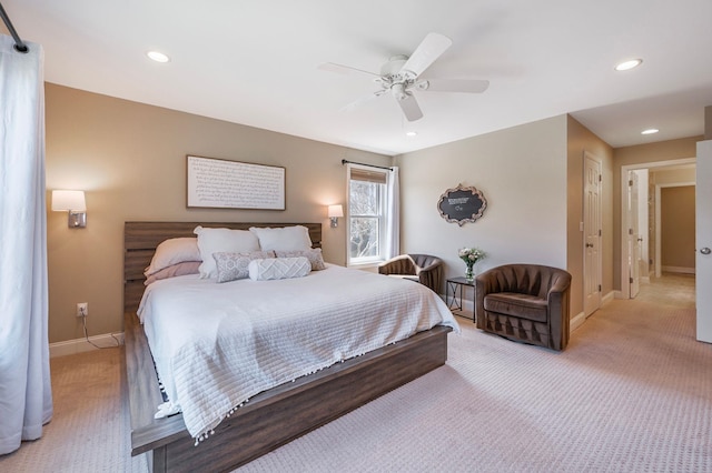 bedroom with baseboards, ceiling fan, recessed lighting, and light colored carpet