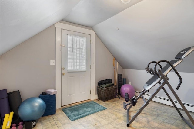 16 Manchester St Unit 2, Pittsfield, NH 03263 - workout area featuring tile patterned floors, a baseboard heating unit, and lofted ceiling