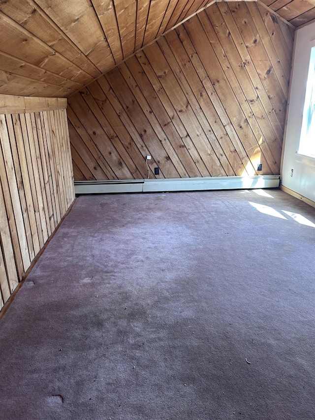 bonus room featuring wood walls, lofted ceiling, wood ceiling, and carpet