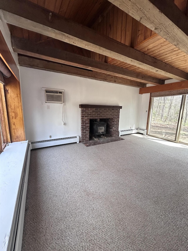 unfurnished living room featuring carpet floors, beam ceiling, baseboard heating, and a wall mounted air conditioner