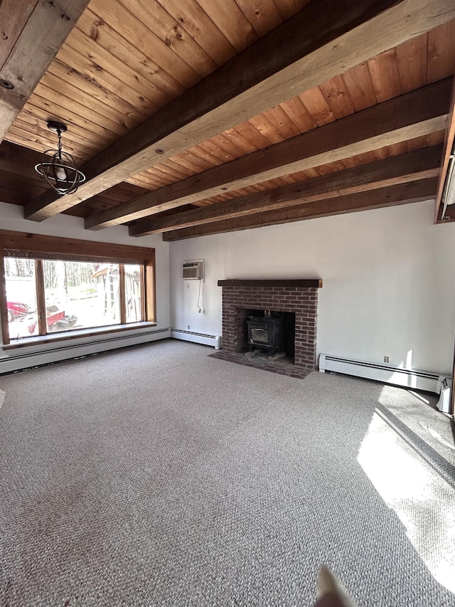 unfurnished living room with carpet flooring, beamed ceiling, wooden ceiling, and a baseboard radiator
