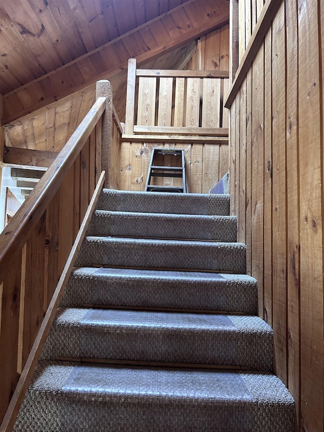 stairway with wood ceiling and wood walls