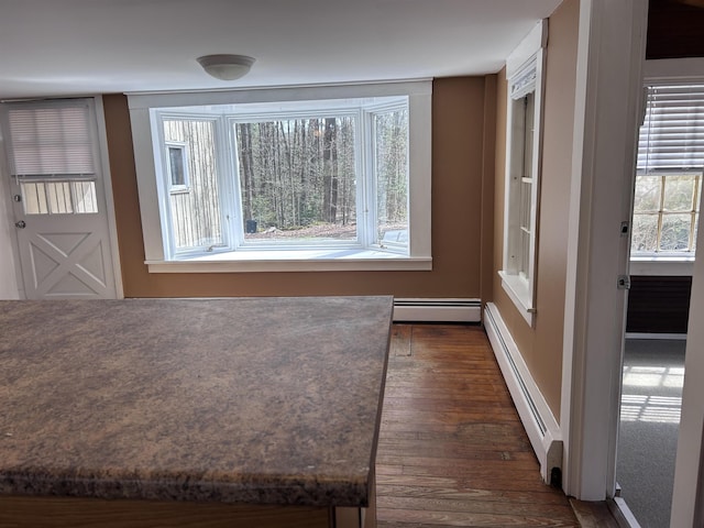 interior space with plenty of natural light, a baseboard radiator, and dark wood-style flooring