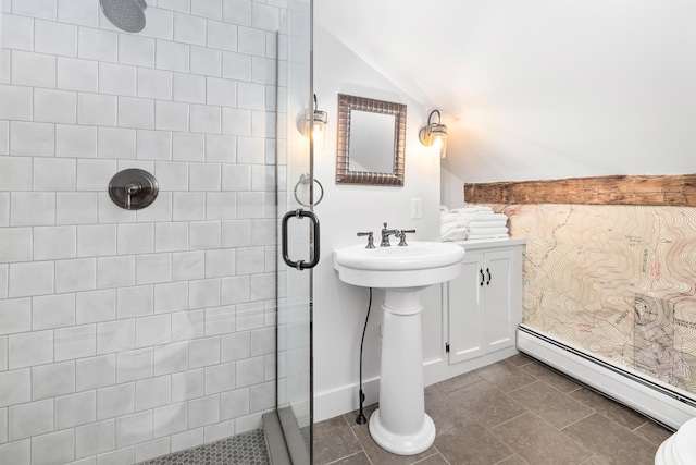 full bath featuring a stall shower, lofted ceiling, and a baseboard radiator