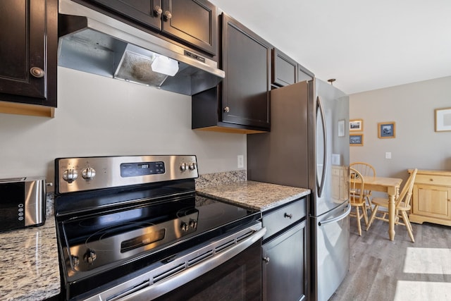 kitchen featuring under cabinet range hood, dark brown cabinetry, appliances with stainless steel finishes, and light wood-style floors