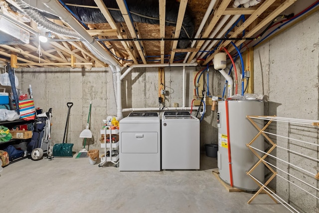 unfinished basement with washing machine and dryer and electric water heater